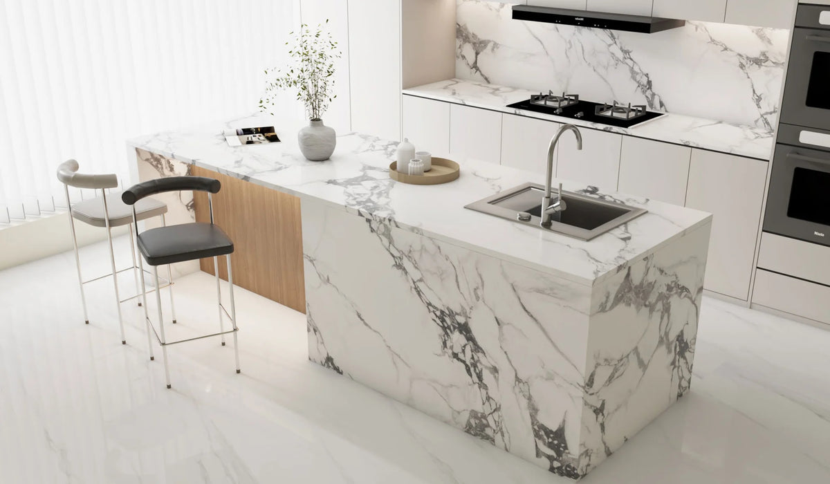 Bvlgari Black sintered stone island and splashback in the catalogue kitchen