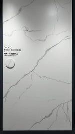 لوح أبيض بعروق رمادية رفيعة ومتباعدة داخل إطار في صالة العرض — حجر ملبّد Calico White Fine Vein