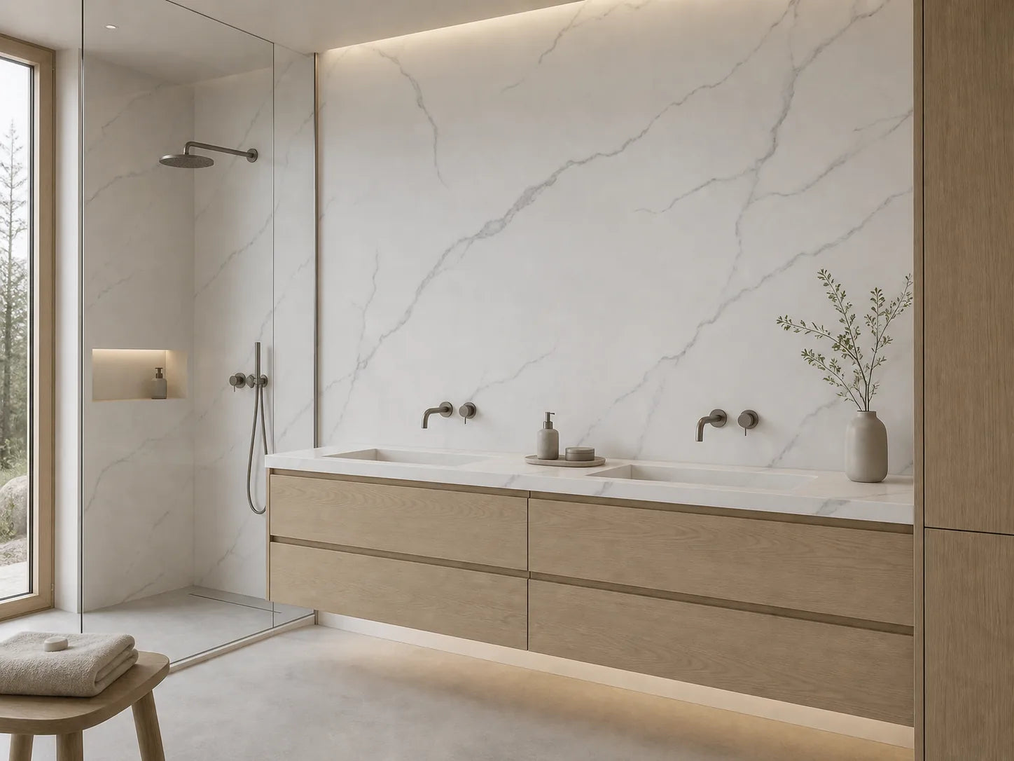 Minimalist pale-wood bathroom featuring Calico fine-vein white sintered stone