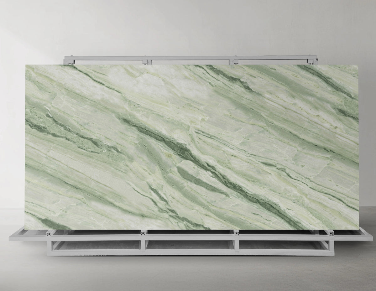 Celestial Jadeite green sintered stone slab displayed on a metal A-frame rack