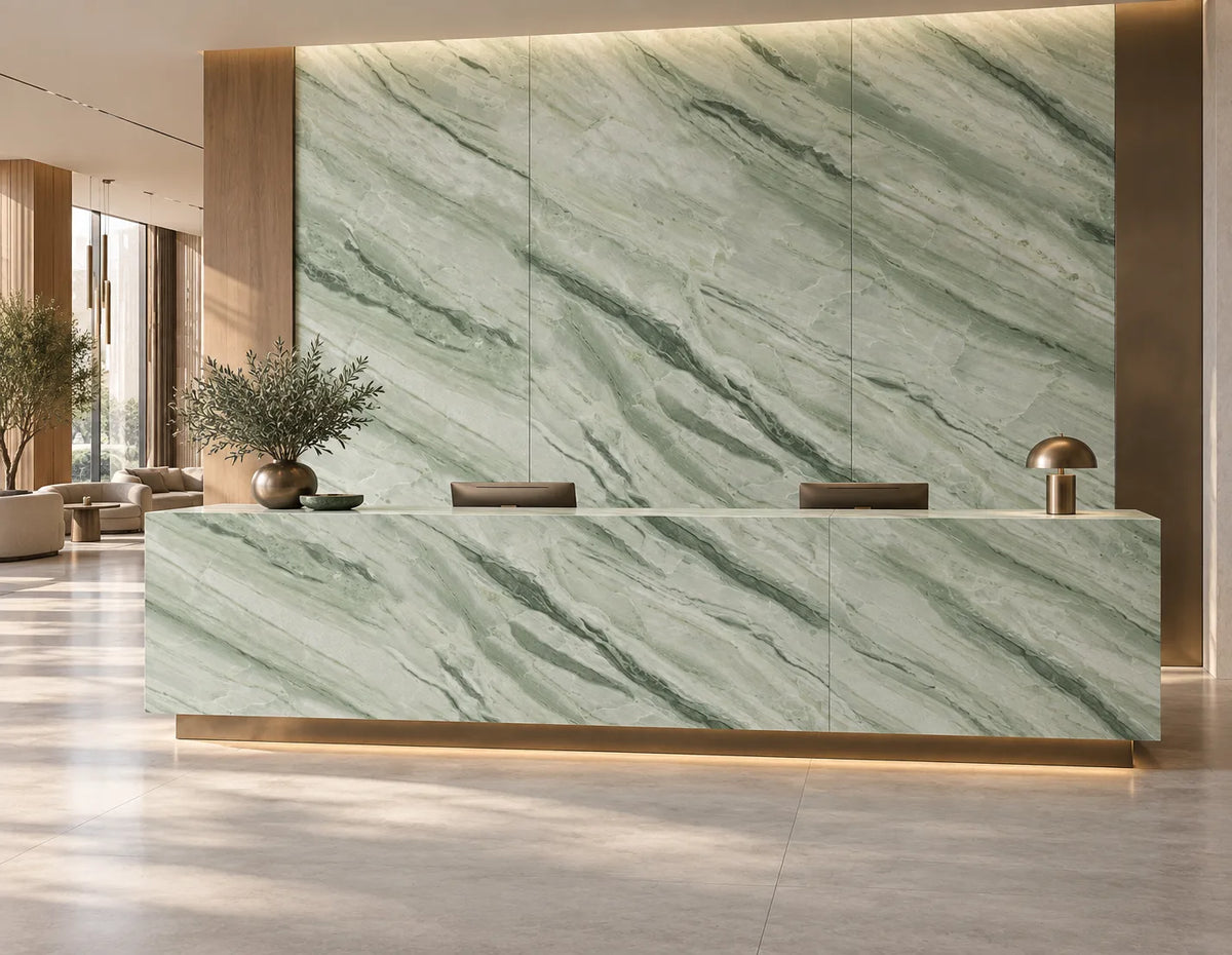 Celestial Jadeite sintered stone used on a hotel reception desk and feature wall