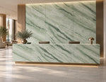 Celestial Jadeite sintered stone used on a hotel reception desk and feature wall