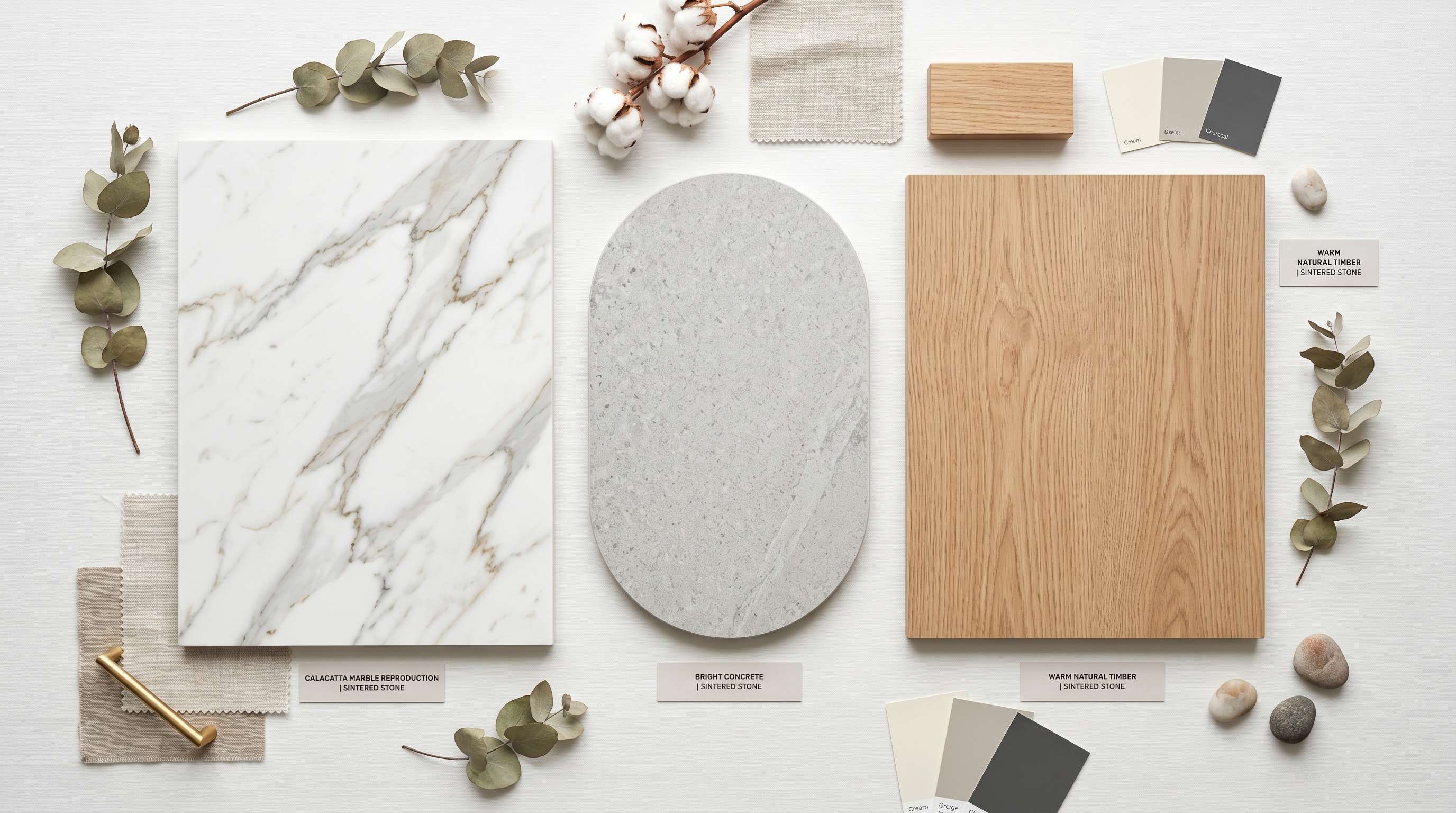 Flat lay of marble, concrete and wood-look sintered stone samples