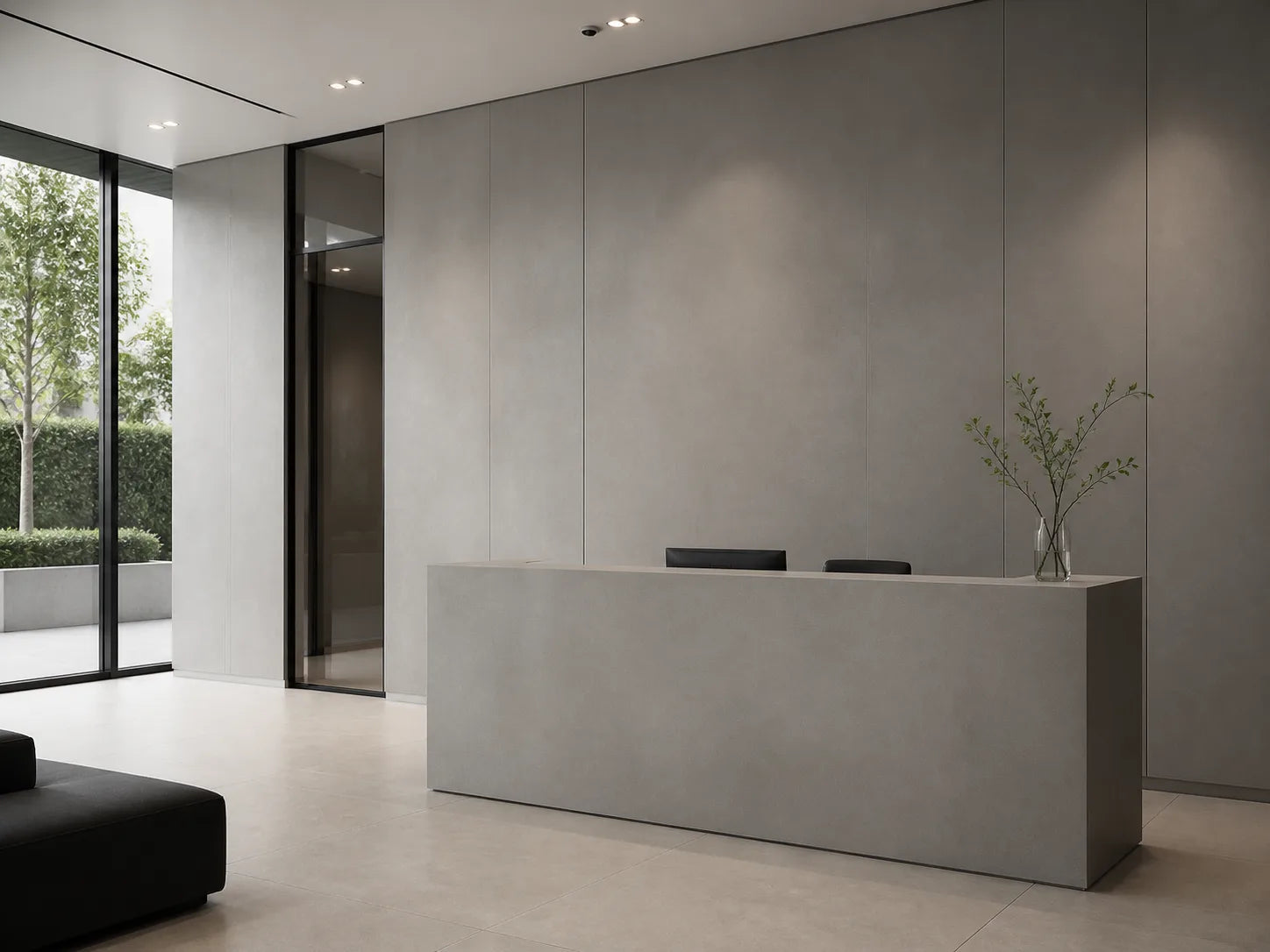 Cool Gray sintered stone used as modern lobby wall panels and reception counter