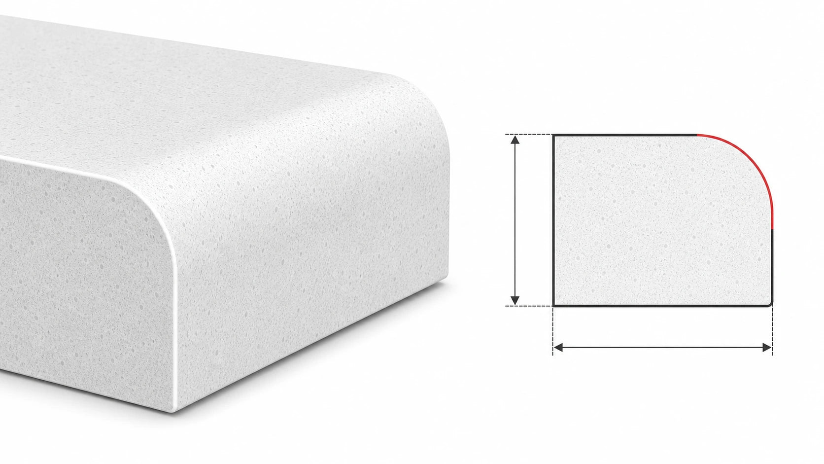 Half bullnose sintered stone countertop edge with a rounded top profile and matching cross-section diagram