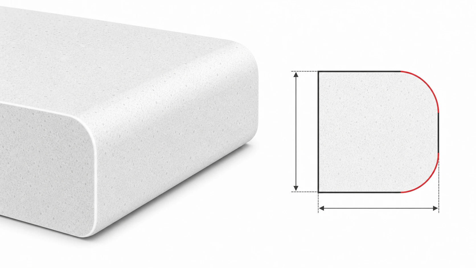 Oversize radius sintered stone countertop edge with a large softened corner and matching cross-section diagram