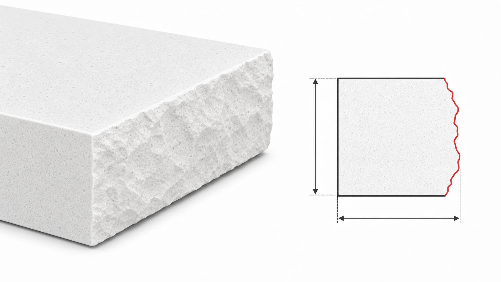 Chiseled sintered stone countertop edge with a textured natural-style face and matching cross-section diagram