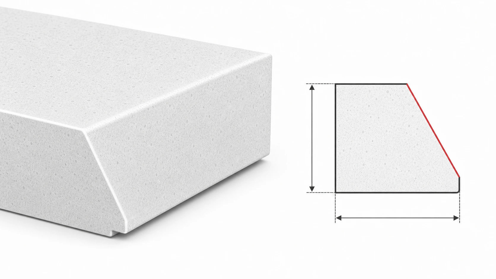 Platner sintered stone countertop edge with a faceted geometric profile and matching cross-section diagram