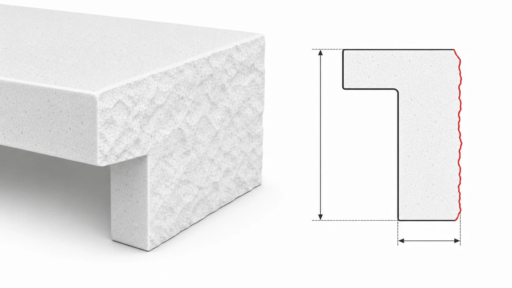 6cm chisel sintered stone countertop edge with a thick textured built-up profile and matching cross-section diagram