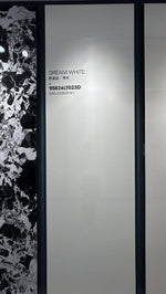 Cream White sintered stone showroom display board with glossy slab label