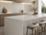 Cream White glossy sintered stone used on a modern kitchen island and backsplash