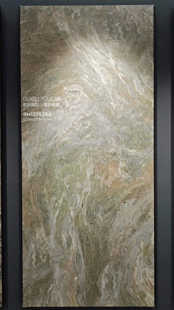 Sage-grey and cream swirling-pattern slab in a showroom frame — Cuigu Youlan Sage Jade Look sintered stone