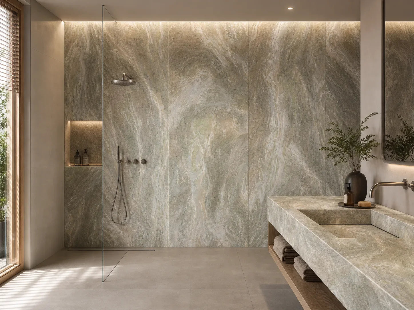 Sage jade-look sintered stone applied to a spa shower wall and floating vanity