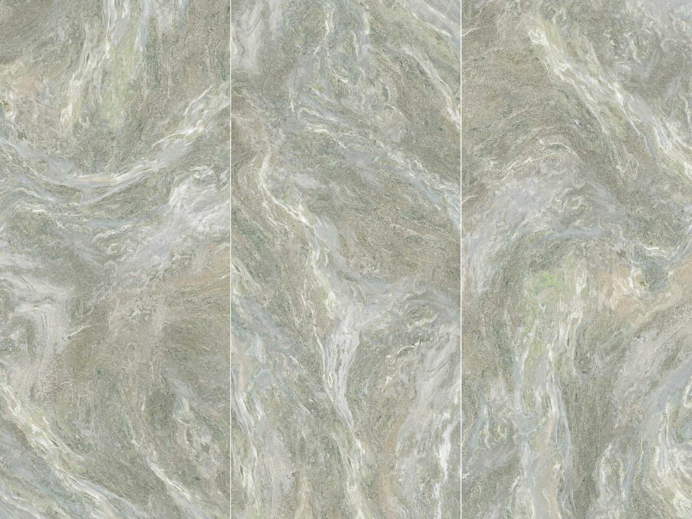 Three coordinated faces of sage and misty grey jade-look sintered stone