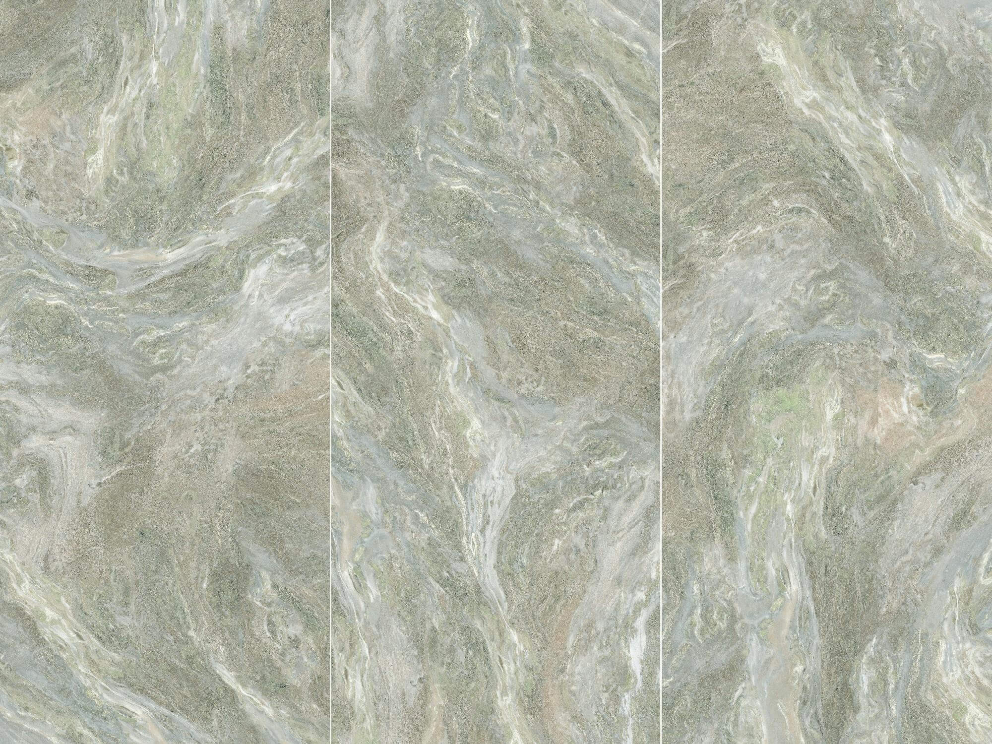 Three coordinated faces of sage and misty grey jade-look sintered stone
