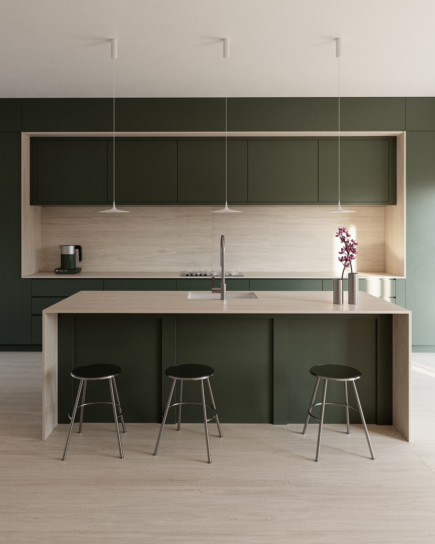 Modern Kitchen with Funtek Sintered Stone Island and Countertops - Contemporary kitchen featuring light wood grain sintered stone waterfall island and backsplash, dark gray matte cabinets, three black bar stools, and minimalist pendant lighting