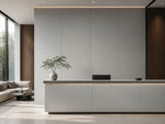 Dove gray sintered stone used for reception wall panels and cabinet fronts