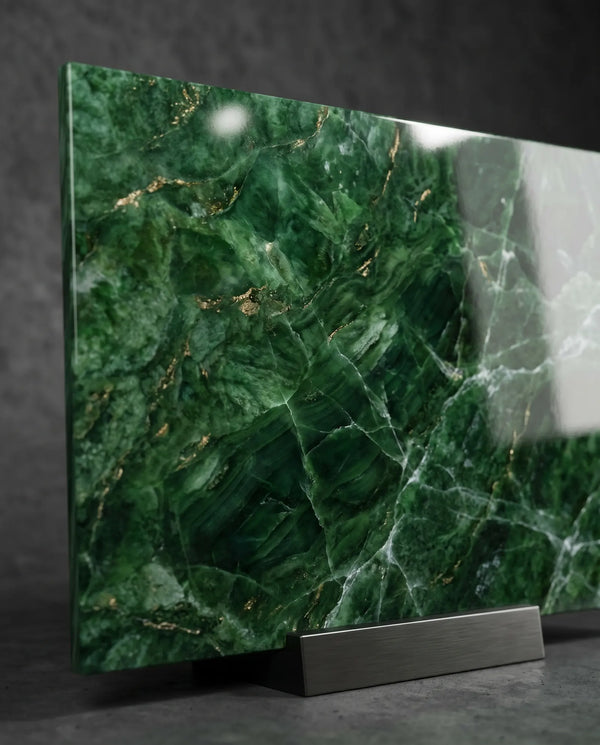 Emerald jade green sintered stone slab with gold and white marble veining displayed on a metal stand.