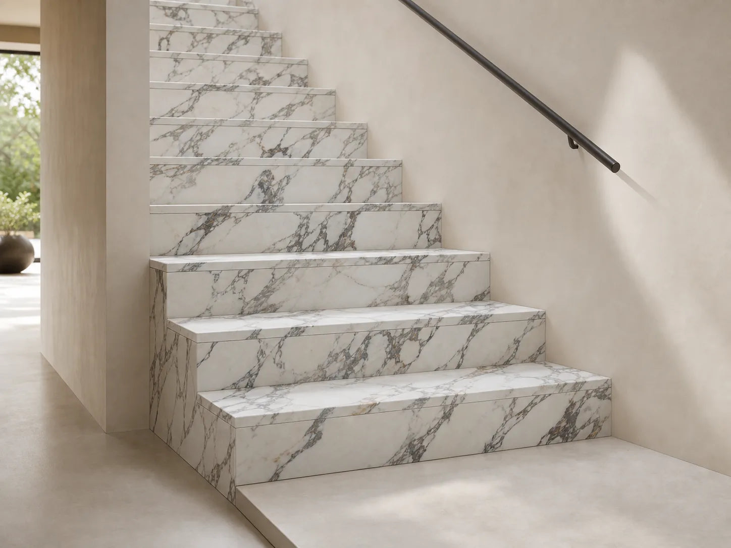 Modern staircase clad in Exquisite Bulgari full-body sintered stone with visible thin edges