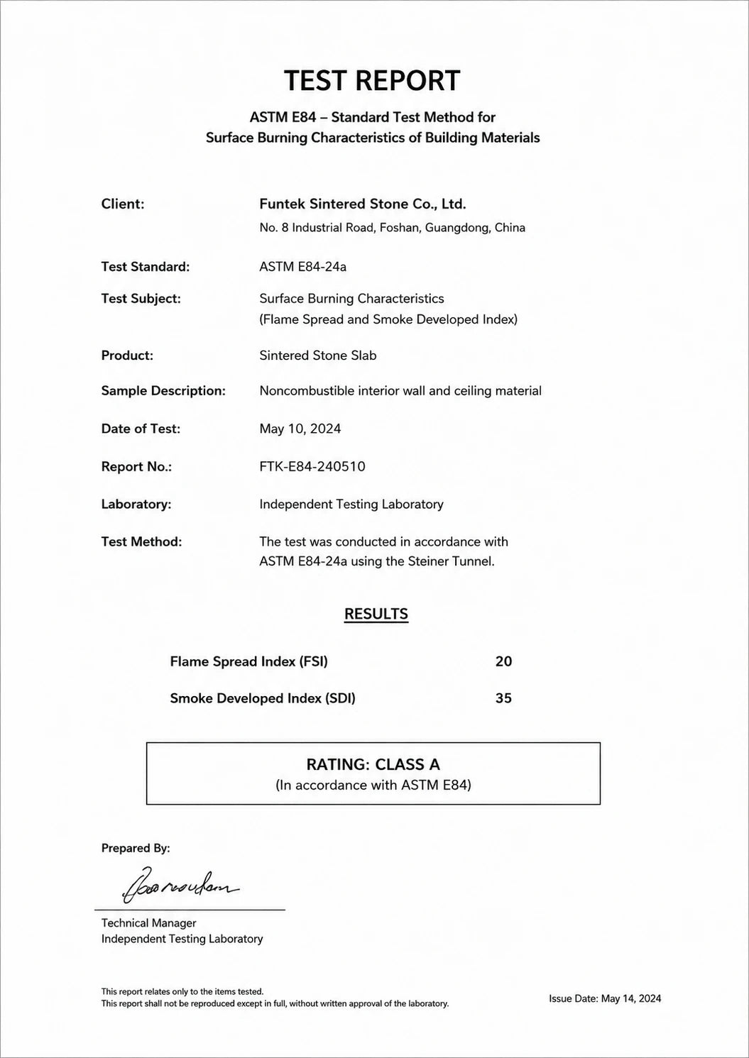Funtek ASTM E84 Class A fire test report