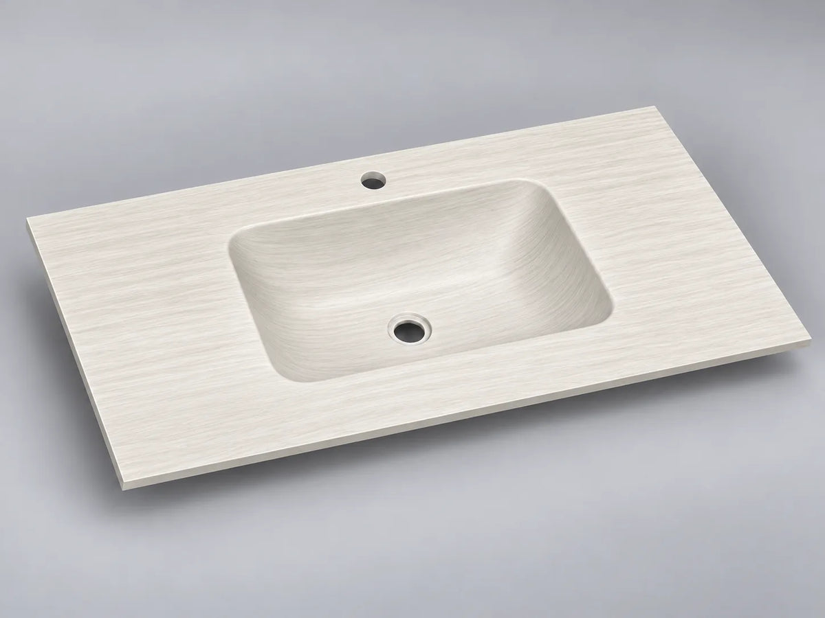 Beige Linen matte sintered stone washbasin viewed from the front left