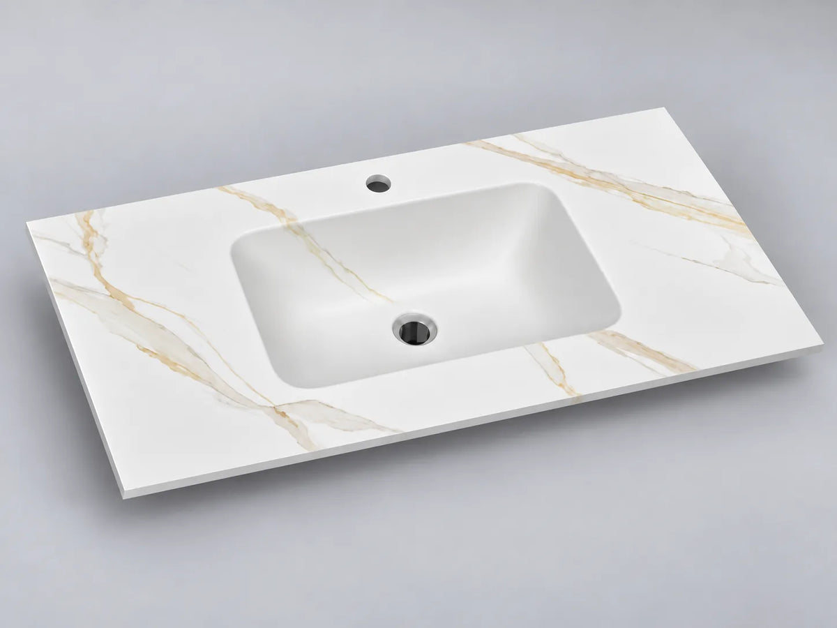 Calacatta Gold matte sintered stone washbasin viewed from the front left