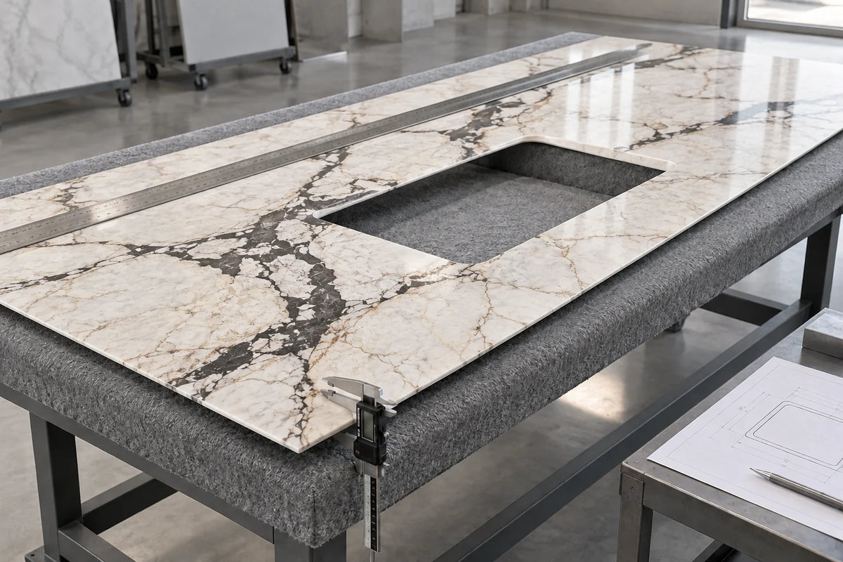 Inspection of a thin breccia-look countertop on a padded workbench
