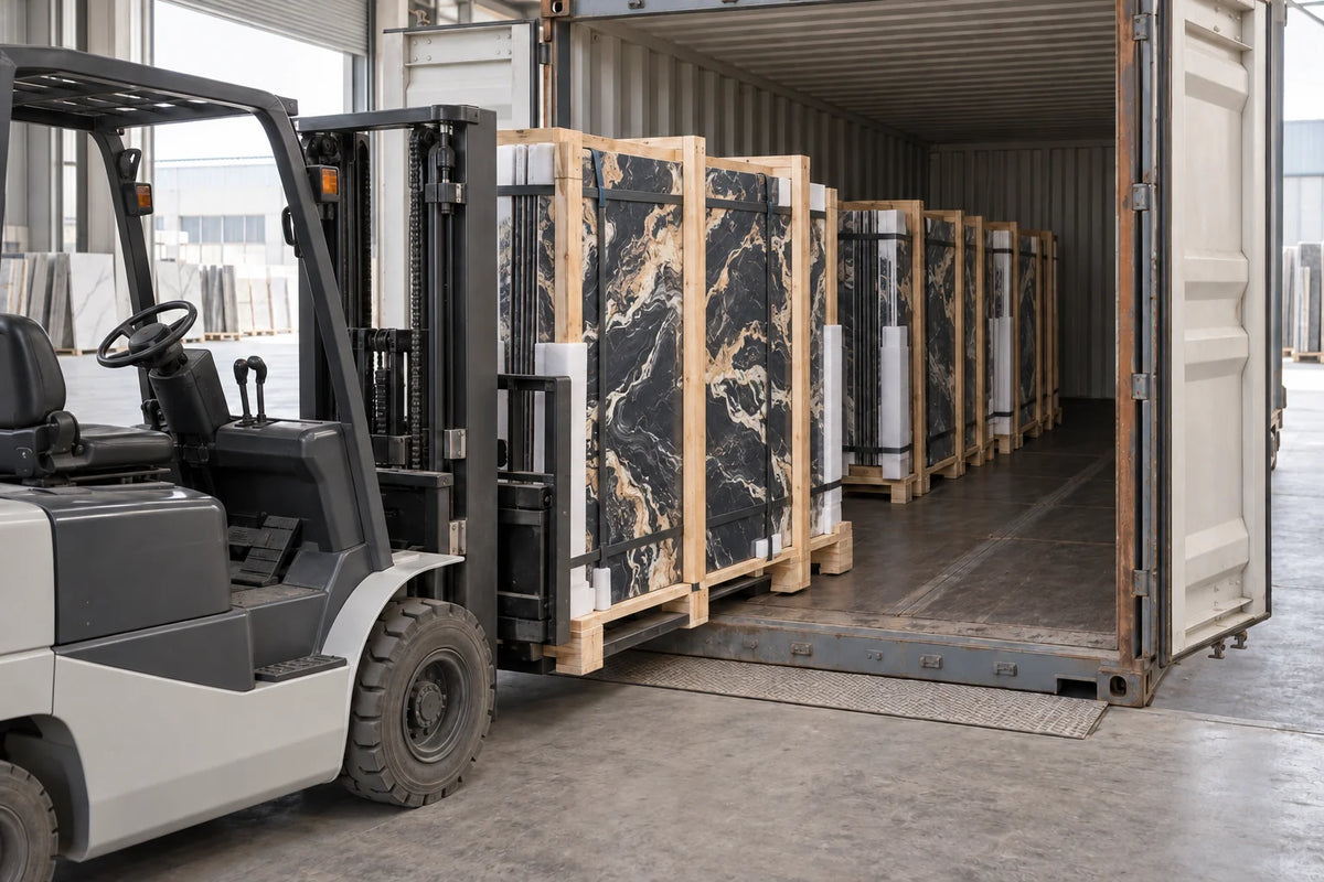 Protected black-and-gold sintered stone panels arranged for container loading