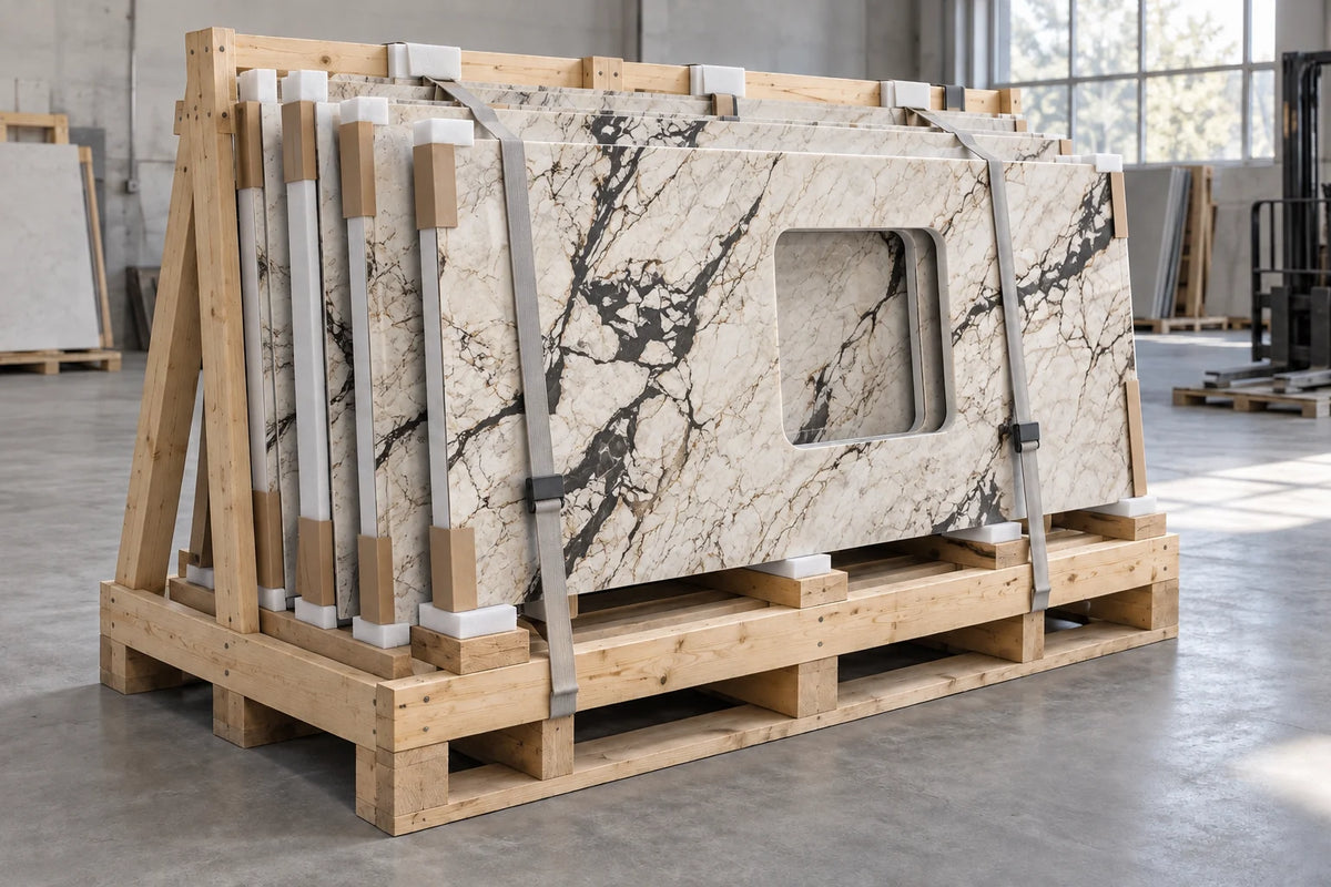Thin breccia-look countertop pieces protected with foam separators, edge guards and a timber frame