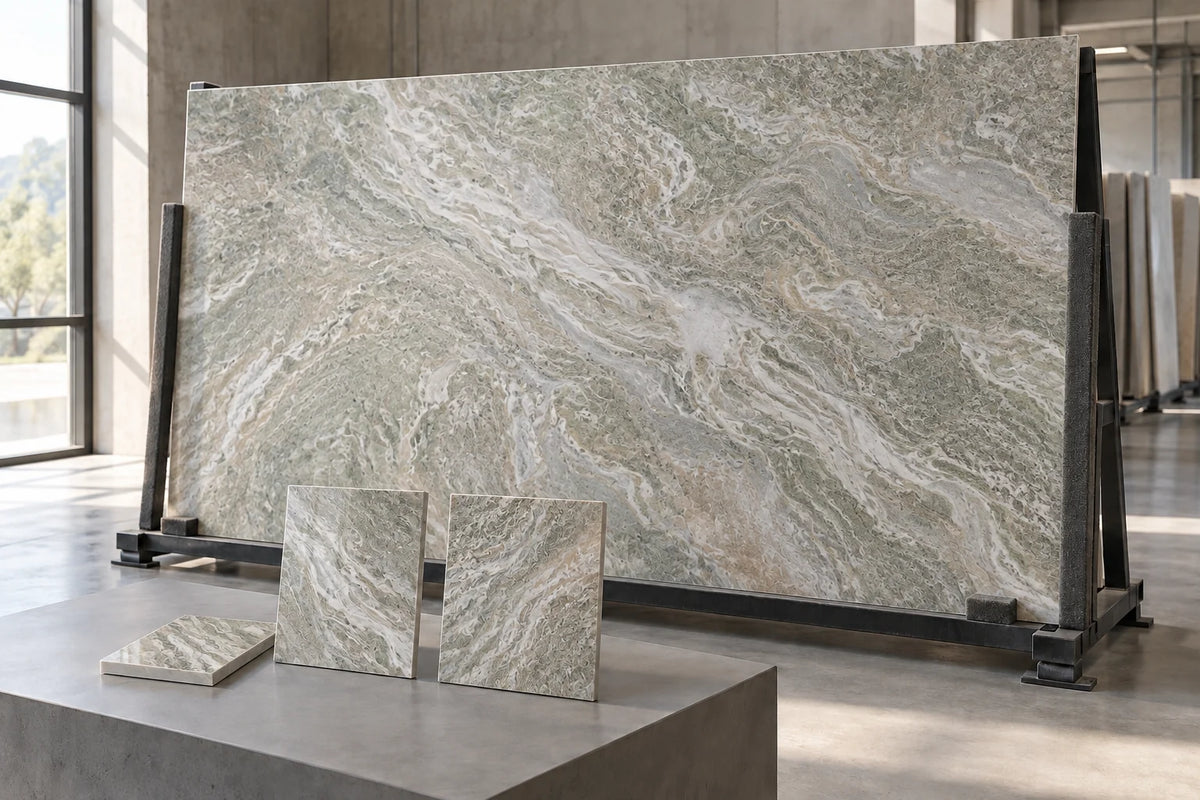 Sage-grey sintered stone slab and matching thin samples on an inspection stand