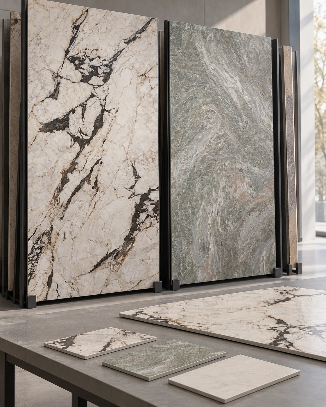 Thin sintered stone slabs and matching samples arranged for countertop material selection