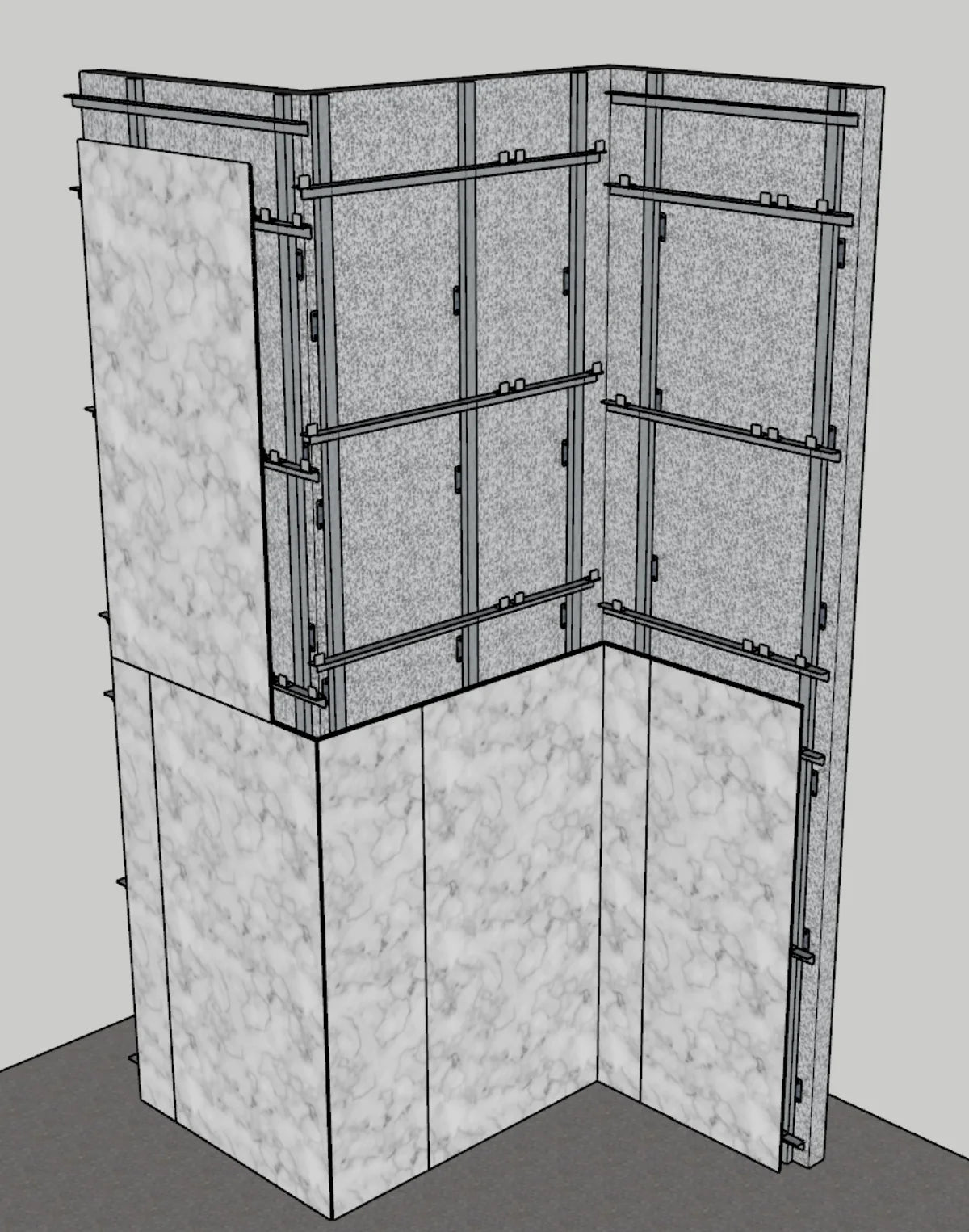 Inside and outside corner reference model for mechanically fixed facade panels