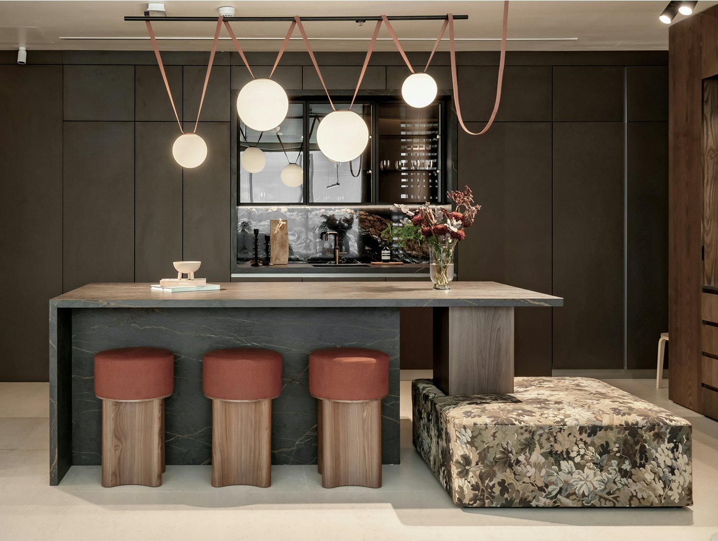 Sintered stone dining table and kitchen furniture in a hospitality interior
