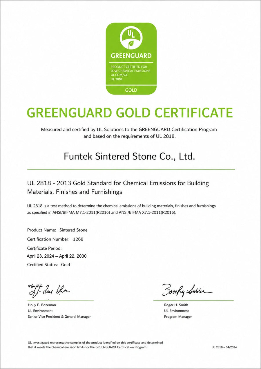 Funtek GREENGUARD Gold certificate for sintered stone under the UL 2818 chemical emissions standard