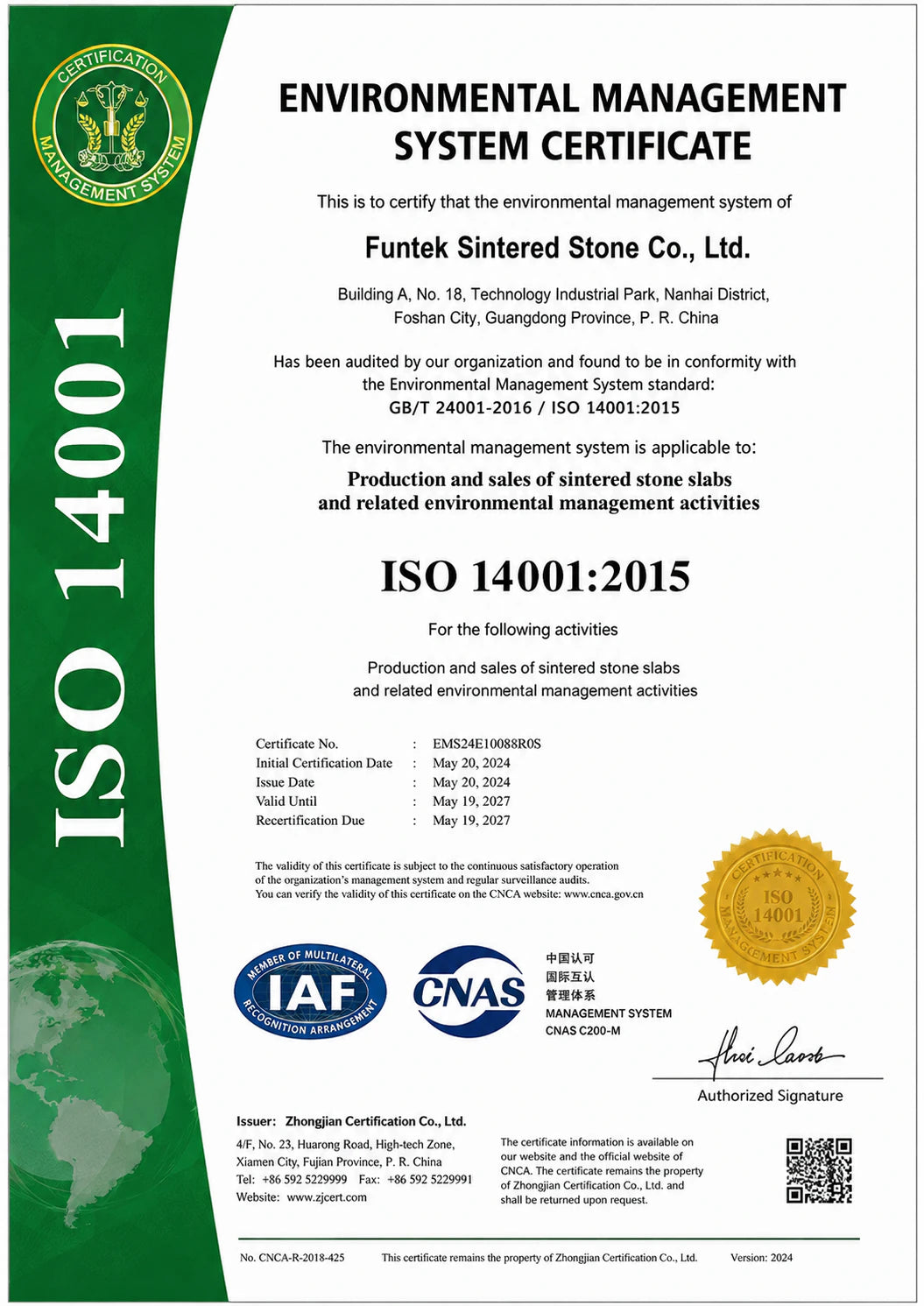 Funtek ISO 14001 environmental-management certificate