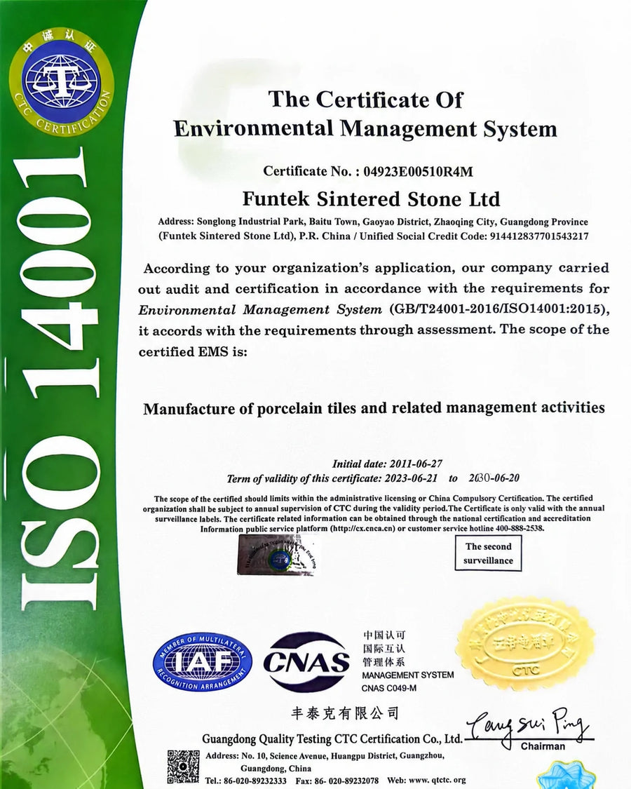Funtek ISO 14001 environmental management system certificate for porcelain tile manufacturing activities