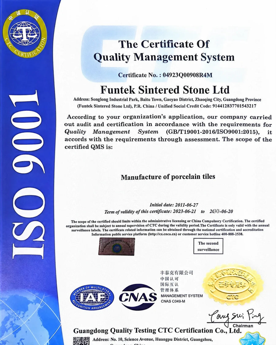 Funtek ISO 9001 quality management system certificate for porcelain tile manufacturing