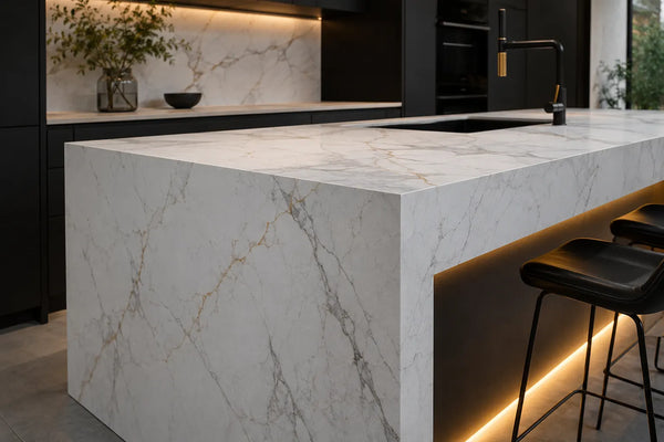Modern kitchen featuring white sintered stone island and countertops with gray and gold marble veining, black faucet, and bar stools.