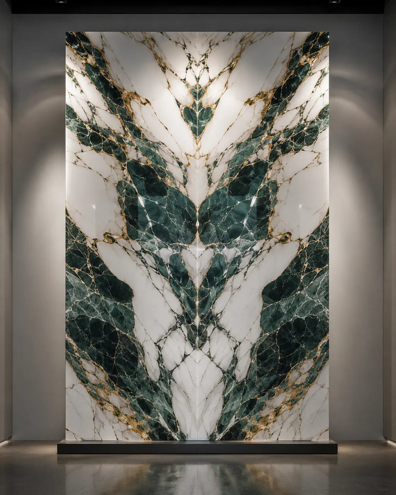 Luxury sintered stone slab with symmetrical white marble pattern featuring deep green and gold veining.
