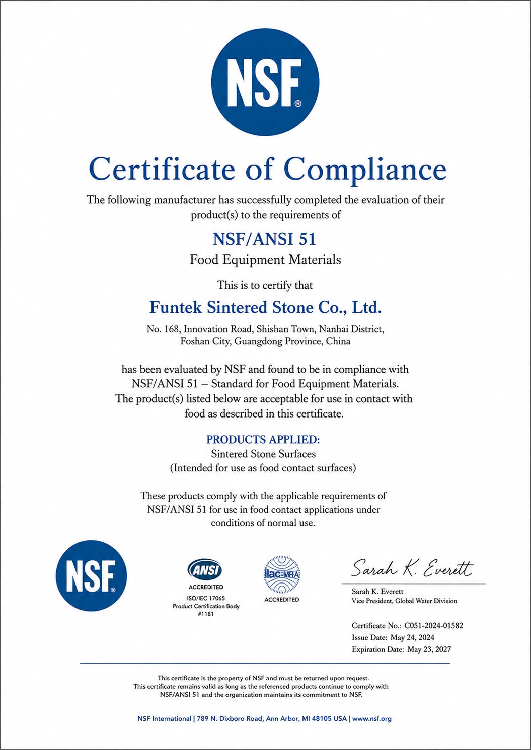 Funtek NSF ANSI 51 food-contact certificate
