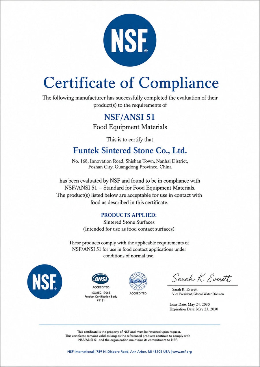 Funtek NSF ANSI 51 certificate for sintered stone food contact surfaces