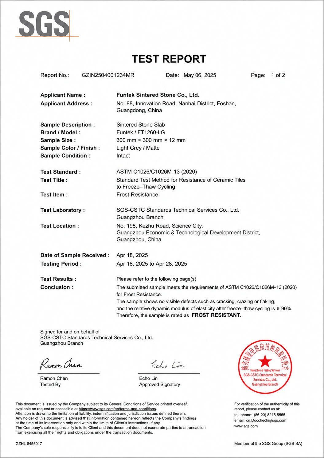 Funtek SGS ASTM C1026 frost-resistance report