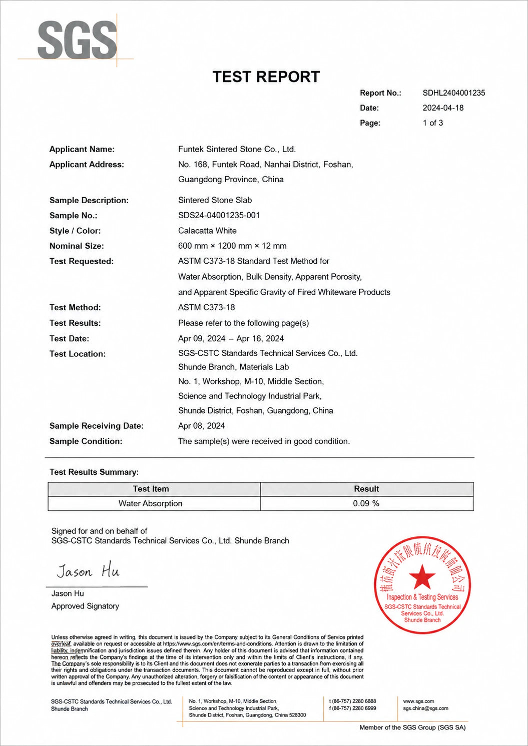 Funtek SGS ASTM C373 water-absorption report