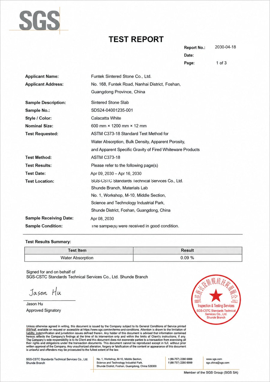 SGS ASTM C373 water absorption test report for a Funtek sintered stone slab