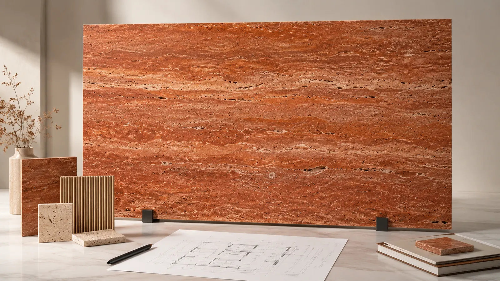 Italian Red Travertine Sintered Stone Slab Funtek