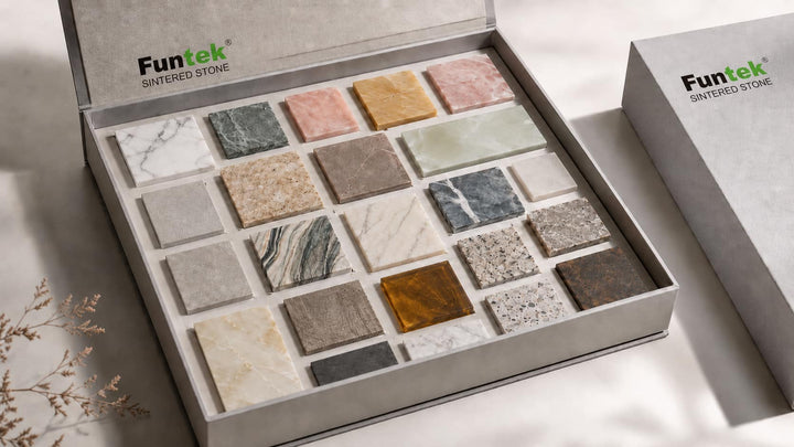 Funtek sintered stone sample display box with multiple color and texture stone tile samples collection