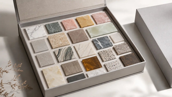 Funtek sintered stone sample display board showing various color options and natural stone textures for interior design selection