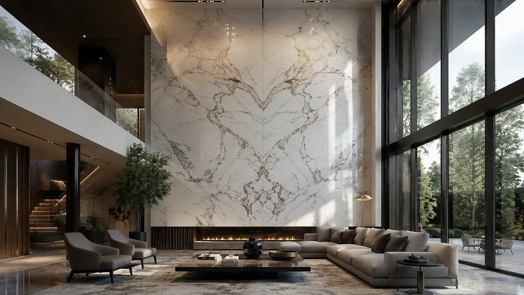 Luxury sintered stone feature wall in a high-end residential living room