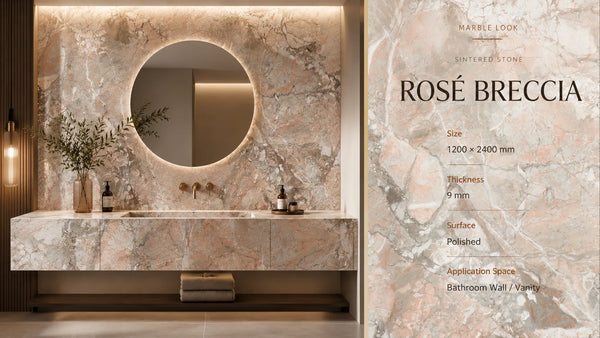 Rose Breccia marble-look sintered stone bathroom wall and vanity