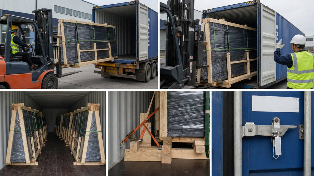 Packed sintered stone slabs being loaded for export